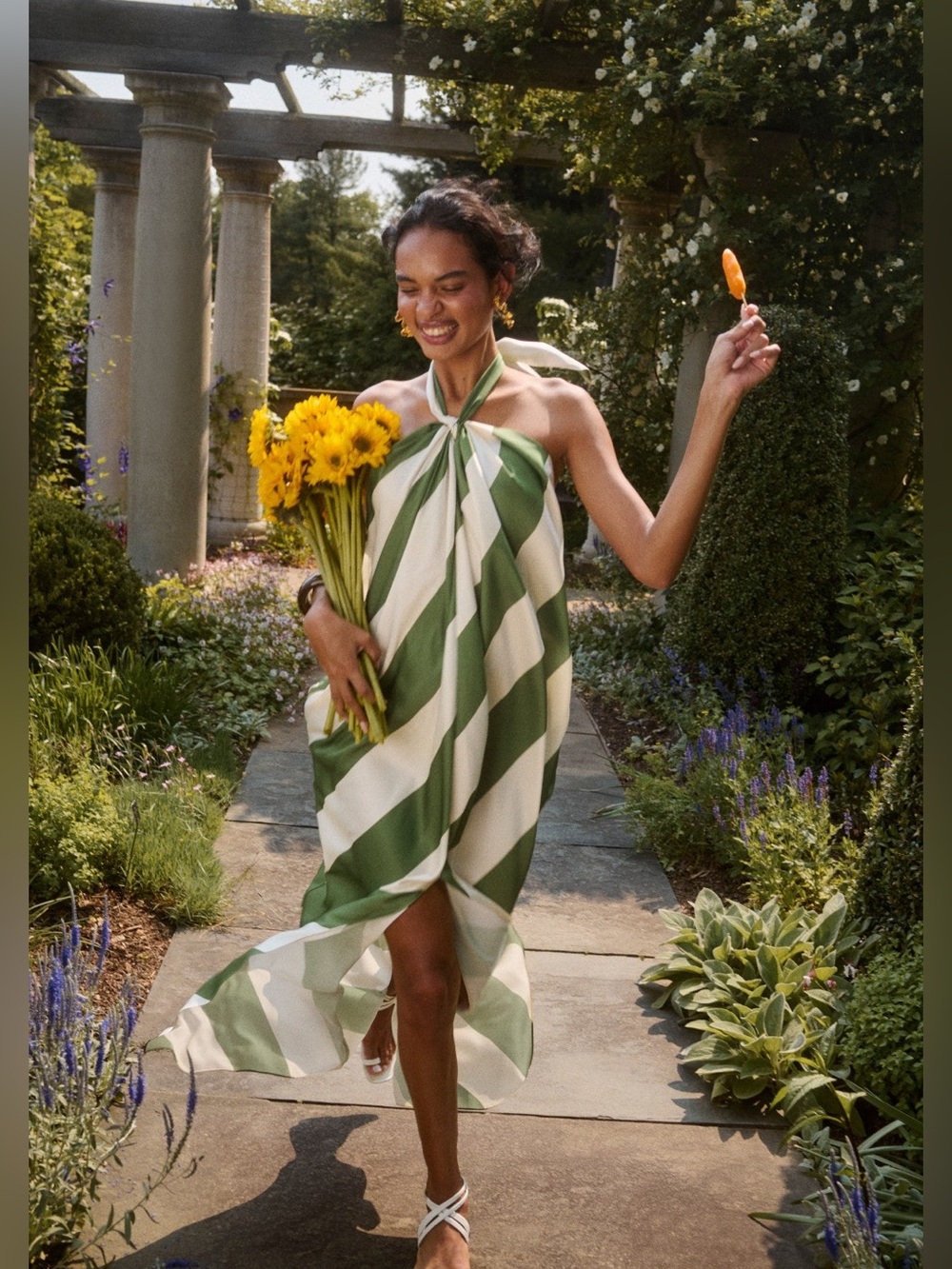 Green and White Striped Halter Sun Dress